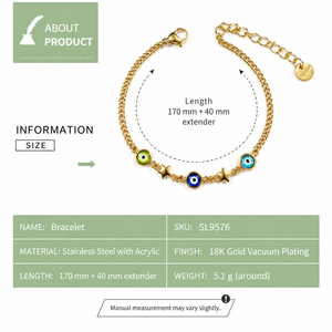สร้อยข้อมือลูกปัดลายตา ประดับด้วยสแตนเลสและลูกปัด ชุบทอง 18K ด้วยระบบสุญญากาศ ขนาด 170 มม. + 40 มม. - Product Image 3