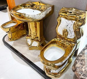 Lavabo de <span class=keywords><strong>colonne</strong></span> de <span class=keywords><strong>toilette</strong></span> en céramique dorée de style européen Lavabo moderne à double chasse rangée horizontale plaqué or mural - Product Image 4