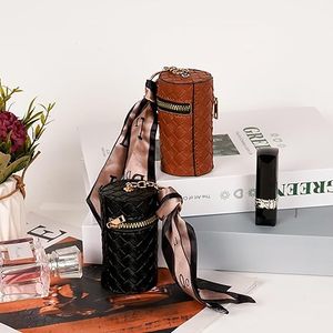 Lipstick Organizer <b>Case</b> Boho Braided Vegan Leather Scarf Accent Cylindrical Lip Gloss Travel Holder with Zipper Keychain Hook - Product Image 5