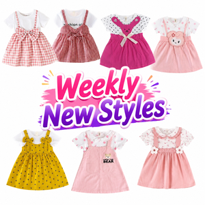 Cotton Children Dress <b>Pink</b> Red Yellow Checkered Polka Dot <b>Bear</b> Pattern Toddler Outfit Set Summer Apparel - Product Image 1