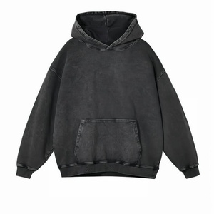 Sweat à capuche en denim bleu foncé délavé, pull vintage délavé à la pierre avec poche kangourou et capuche réglable - Product Image 4