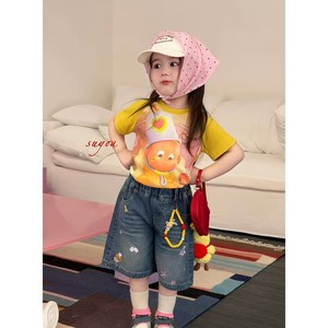 TongXingYuan Girls Denim Shorts High Waist Breathable Summer Casual Pants For Baby Girls With Cartoon Patches And Beads - Product Image 4