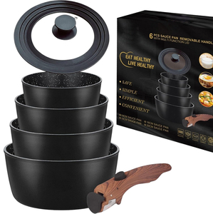 Ensemble de casseroles en aluminium forgé antiadhésif avec revêtement céramique moderne, couvercles en verre, poignées amovibles en bois doux au toucher, compatibles induction - Product Image 1