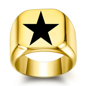 Anillo de Estrella de Cinco Puntas Grabado con Láser en Oro Amarillo de 18MM para Hombre, Joyería Retro Minimalista, Regalo - Product Image 1