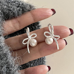 Ribbon Bow Pearl <b>Stud</b> Earrings S925 Sterling <b>Silver</b> Everyday Wear - Product Image 1