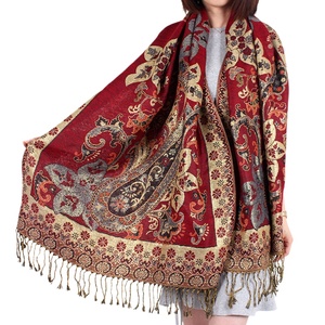 Bufanda larga de estilo étnico para mujer, chal de <span class=keywords><strong>flores</strong></span> de anacardo dorado púrpura retro con borlas con patrones de hojas y puntos - Product Image 1