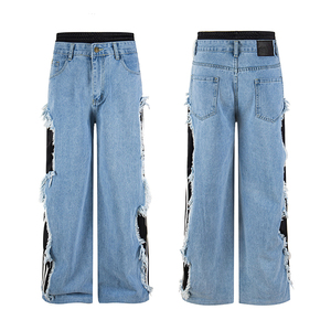 Nouveau pantalon en jean délavé <span class=keywords><strong>coupe</strong></span> large et ample, style streetwear américain, avec franges latérales contrastantes et design à 3 bandes, très visible - Product Image 6
