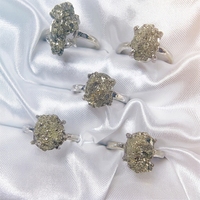 Bagues ajustables en argent avec grappe de pyrite naturelle brute et cristaux, vente en gros