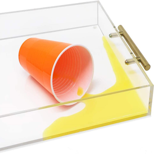 Bandejas acrílicas transparentes personalizadas, bandejas decorativas com cabo de ouro - Product Image 3