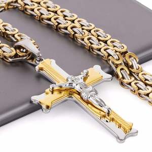 18K Gold Plated Two Tone Stainless Steel Byzantine <b>Chain</b> King <b>Chain</b> <b>Cross</b> Pendant Necklace Men's Christian Jesus <b>Cross</b> Necklace - Product Image 1