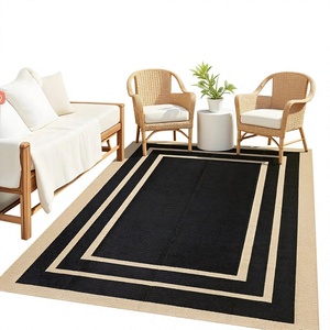 Alfombra Moderna para Exteriores, Rectangular, con Patrón Geométrico, Negra y Beige, Impermeable, de Polipropileno, Tejido Plano, con Respaldo Delgado - Product Image 1