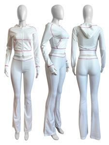 Giacche corte con Zip e pantaloni svasati felpe con cappuccio Waffle autunno inverno nuovi capi di <span class=keywords><strong>abbigliamento</strong></span> impilati set di <span class=keywords><strong>abbigliamento</strong></span> <span class=keywords><strong>Casual</strong></span> da <span class=keywords><strong>donna</strong></span> - Product Image 3