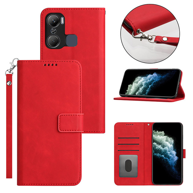 Wholesale PU Lanyard Leather Flip Phone Case Wallet with Card Holder for Infinix Hot 12 Pro Magnetic Phone Case Front and Back