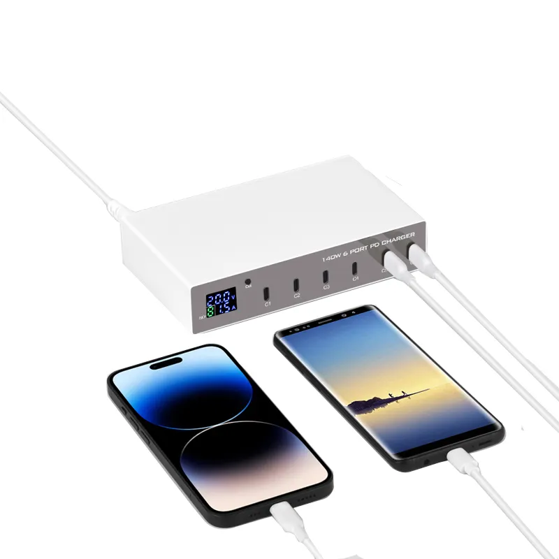 Pengisi daya Usb C 140w 6-port Pd pengisi daya super cepat dengan tampilan data untuk Laptop Iphone Tipe C stasiun pengisian daya multiport