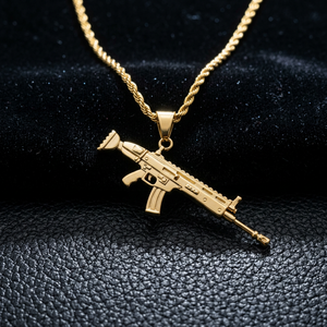 Collar con Colgante de Rifle de Acero de Titanio Chapado en Oro de 18K, Cadena de Eslabones, Joyería Hip Hop, Accesorio de Moda para Hombre - Product Image 1