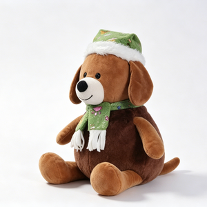Customized Sitting Brown Puppy Stuffed Animal with Embroidered Green Hat & Fringed Scarf, Winter <b>Holiday</b> Home Decor - Product Image 5