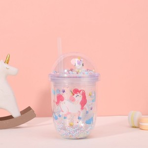 450ml Magic Unicorn Rainbow Star Print Double Wall Clear Plastic Tumbler with Straw Dome Lid Pastel Foam Pom Pom Beads - Product Image 4