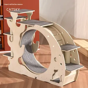 Struttura per Arrampicata per Gatti in Legno Moderna Personalizzata, Grande Tapis Roulant con Affilatore per Unghie Integrato, Ciotola Antiscivolo, Villa per Gatti - Product Image 1