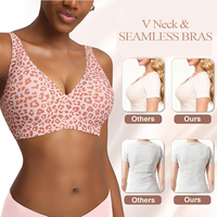 Soutien-gorge sexy doux rose imprimé léopard sans armatures, soutien-gorge push-up en gelée à décolleté plongeant en V profond, sans coutures, confortable, pour femmes