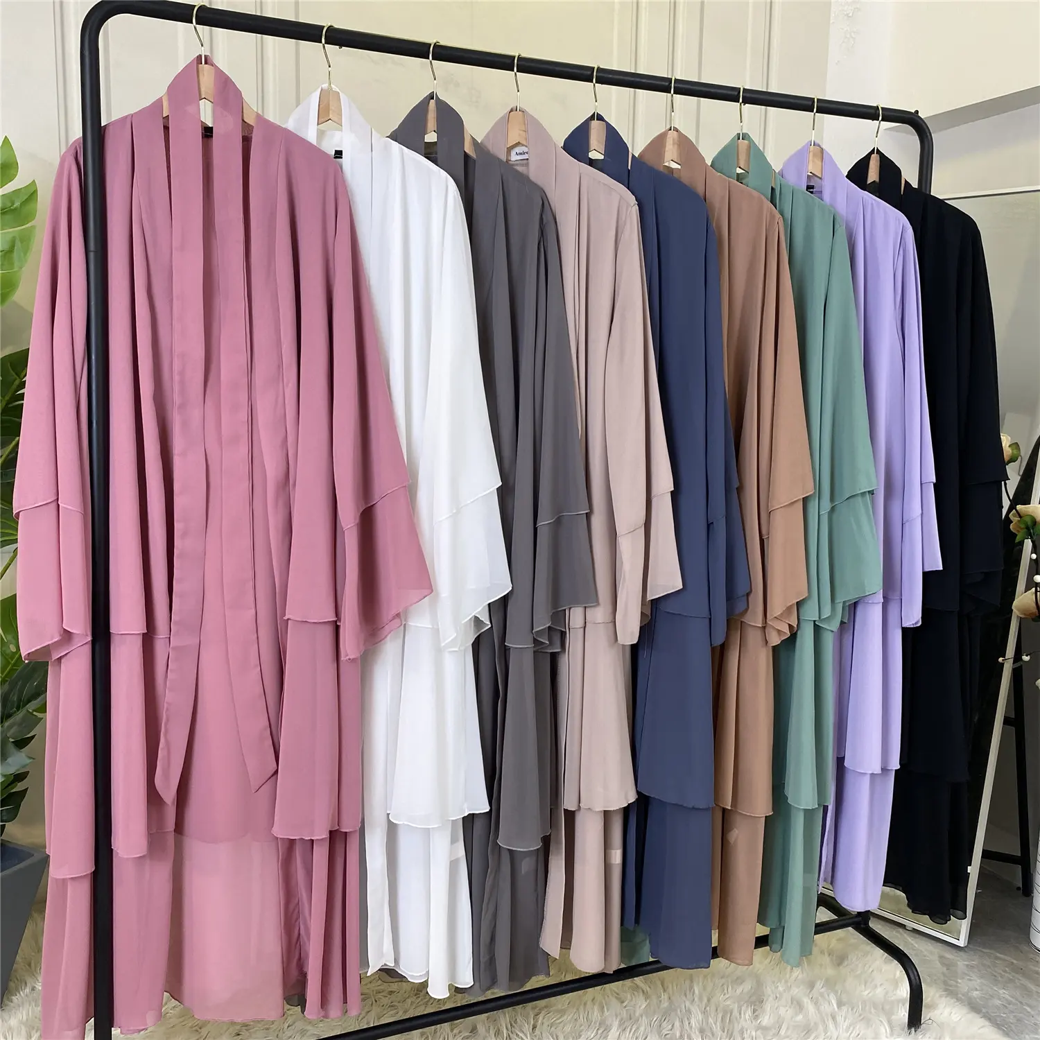 Bestseller Chiffon Open Abaya Einfarbig 3-lagig Langarm Dubai Abayas Cardigan Style 9 Farben