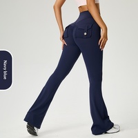 Pantalon de yoga taille haute évasé couleur pêche effet seconde peau pour femme avec poches boutonnées, contrôle du ventre, en Spandex/Nylon, longueur intégrale