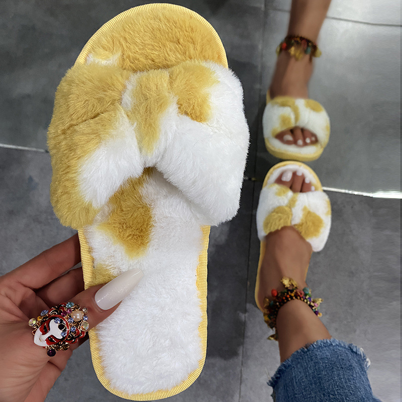 Fashion Furry Slippers Women Flat Bottom Outdoor Bow Plush Slippers Sandals