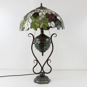 LongHuiJing European 16-Inch Tiffany Style Stained Glass Dome <b>Table</b> <b>Lamp</b> with Leaf Motif AC Powered LED Colored Glass <b>Base</b> - Product Image 3