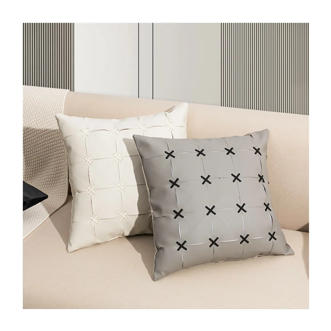American Style Modern Pure Color Synthetic PU Leather Hand Woven Pillow Cases, Elastic Eco-friendly Sofa Cushion Pillow Cover