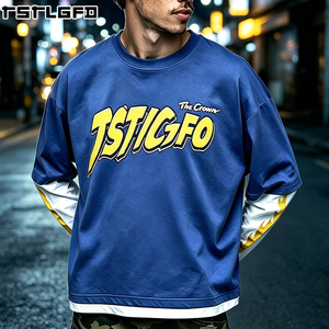 Custom Boxy Faux Layer T-<b>Shirt</b> Men Royal Blue <b>Flame</b> Print White Long Sleeve Oversized Men'S T-<b>Shirts</b> Manufacturers Bulk - Product Image 1