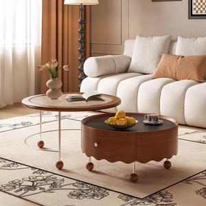 French Retro Solid Wood Double Layer Coffee <b>Table</b> <b>Round</b> Extendable With Storage For <b>Small</b> Living Room - Product Image 4