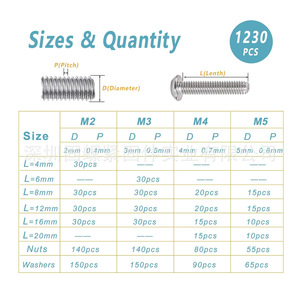 304 Stainless Steel M2 M3 M4 Hex <b>Socket</b> Button Head Cap <b>Screws</b> Nuts Washers Kit 1290pcs - Product Image 5