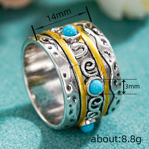 Anello Cocktail A102 in Argento e Oro con Turchese, Montatura a Castone, Gioiello Unisex alla Moda, Regalo con Pietra Naturale Rotonda - Product Image 4