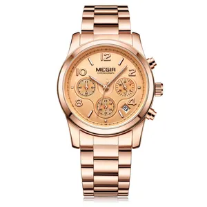 Megir Jam Tangan Terbaru Wanita, Arloji Pabrik Wanita Grosir China, Jam Tangan Olahraga Gaya Chrono Rose Gold