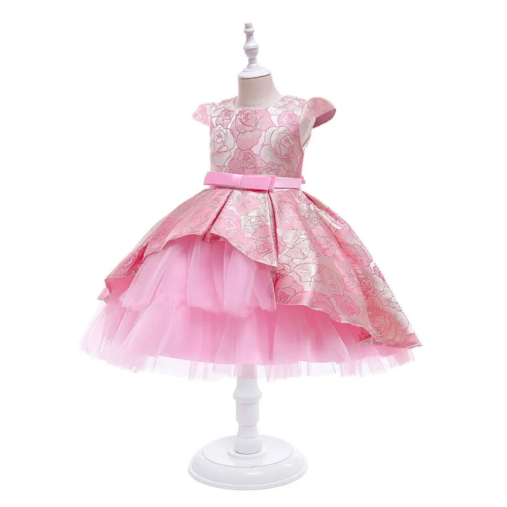 Bridesmaid Girl Wedding Party Dress Elegant Girl Pink Gala Long Gown Children Bow Birthday Princess Costume Xmas