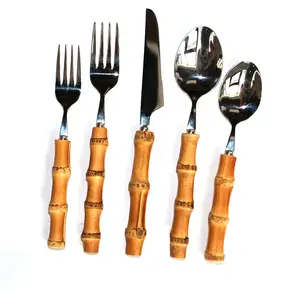 可重复使用的独特天然竹根柄银器叉刀勺子吊具餐具不锈钢竹餐具