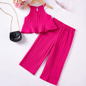 Roupa das meninas do estilo novo verão bonito babados suspensórios + Wide-leg calças terno das crianças - Product Image 1
