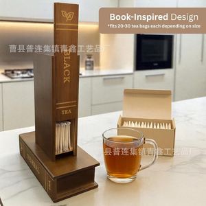 Caja de almacenamiento de té de madera con forma de libro, con etiquetas deslizables para organizar bolsitas de té y café, tipo rectangular vertical - Product Image 4