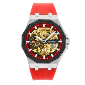 OEM accept 50pcs alloy reasonable price automatic man watch with rubber band skeleton dial in Shenzhen Shijin Watch Factory
