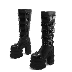 Women Super Thick <b>Platform</b> Knee High <b>Boots</b> Extreme High Chunky Heels Metal Rivets Shoes Belt Buckles Punk Long Booties - Product Image 4