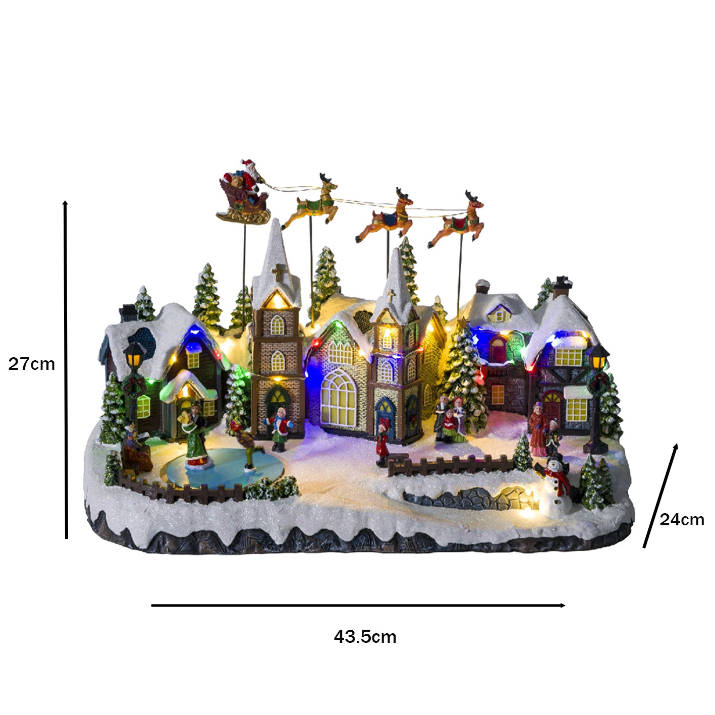 Village de Noël avec lumière LED et traîneau de rennes montant et descendant, patineurs