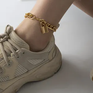 SHIXIN Fashion Chunky Miami Cuban Link Chain Anklet Gold Color Couple Lock Pendant Anklet Foot Jewelry Women Gifts Charm Anklet