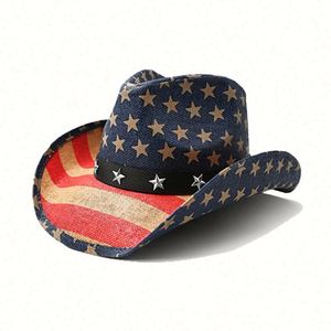 Sombrero de Vaquero Unisex de Paja con Diseño de Bandera Americana, Transpirable, Cómodo, con Ala Moldeable, para Viajes y Pesca, Uso en las Cuatro Estaciones - Product Image 4