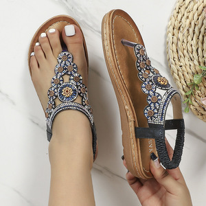 Elegant Floral Rhinestone T-Strap Flat <b>Sandals</b> With Back Strap Open Toe Slip-On Women's Summer Shoes - Product Image 6