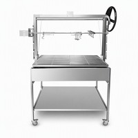 Barbecue portable à charbon de bois avec fumoir et rôtissoire, finition thermolaquée, style argentin, sur chariot à hauteur réglable