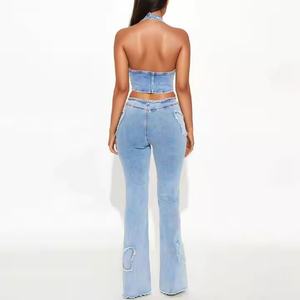 Nouvelle Collection : Ensemble Jean Femme Sexy – Top Court Décolleté en V Profond et Jean Évasé Taille Haute Effet Délavé - Product Image 3