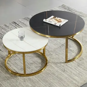 black white color caffe table set sintered stone cover golden steel frame round coffee table