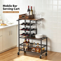 Chariot de bar moderne YUHE à 5 niveaux, réglable, avec porte-vin et porte-verres, chariot de service mobile pour cuisine, sur roulettes, en métal et bois, pour la maison