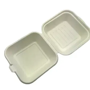 Caja de hamburguesas biodegradable desechable, caja de pulpa de bagazo de caña de azúcar, 150x150x85mm, 450ml, 6"