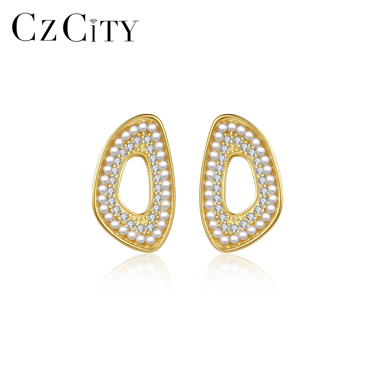 CZCITY Big Gold Plated Pearl Stud Silver Zircon Fashion Jewellery 925 Sterling Triangle Earrings Geometric