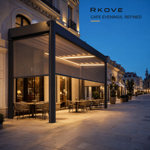 หลังคาเพอร์โกลาอะลูมิเนียมแบบติดผนัง RKOVE RK-S4 สำหรับคาเฟ่ ระเบียง และพื้นที่เชิงพาณิชย์ พร้อมม่านกันแดด 3 ชั้น และไฟ LED อุ่น - Product Image 2